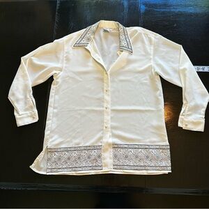 Vintage Large Nancy Crystal Cream Black Long Sleeve Button Down Embroidered